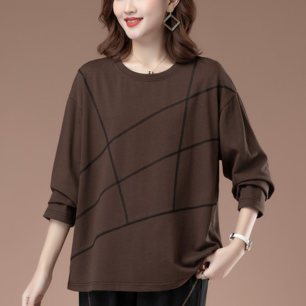 纯棉中长款t恤女长袖春秋2025新款中年妈妈宽松加肥加大码打底衫