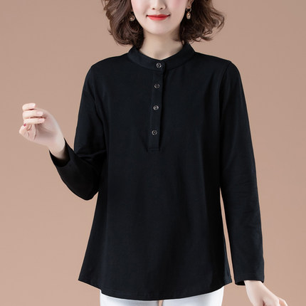 中老年妈妈纯棉t恤女长袖2025新款宽松加肥加大码立领黑色打底衫