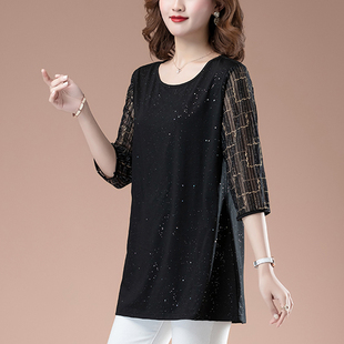 t恤品牌中长款 洋气中年妈妈中袖 上衣女七分袖 宽松特大码 打底衫