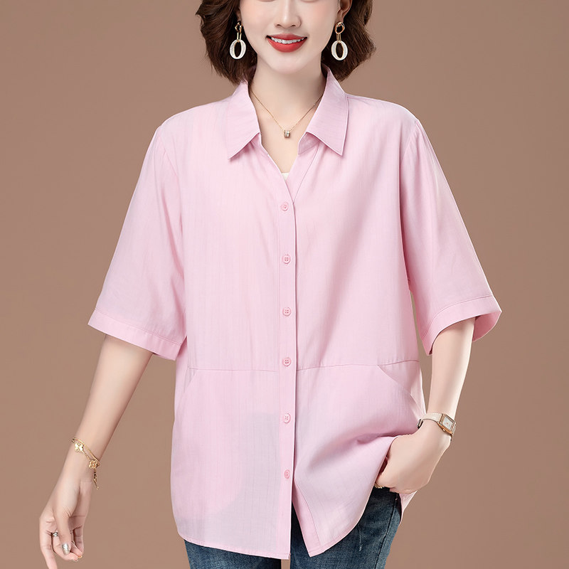 宽松特大码妈妈短袖衬衫女中长款冰丝衬衣贵夫人洋气减龄半袖上衣
