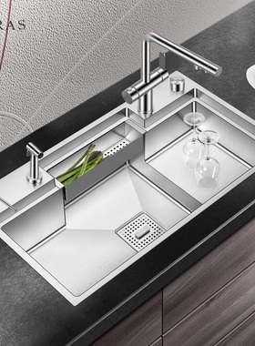 ASRAS阿萨斯手工加厚不锈钢厨房水槽带盆中盆阶梯式洗菜盆大单槽