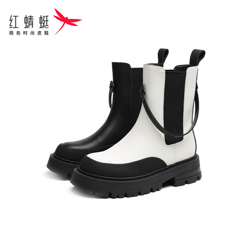 红蜻蜓软厚底增高粗跟短靴