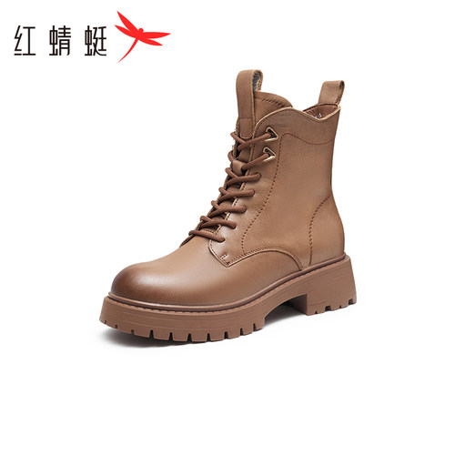 红蜻蜓厚底耐磨圆头短靴