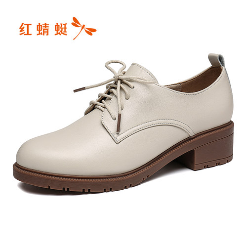 红蜻蜓深口粗跟英伦风小皮鞋