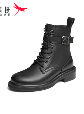 REDDRAGONFLY/红蜻蜓真皮粗跟机车厚底复古英伦风短靴女WCC42260