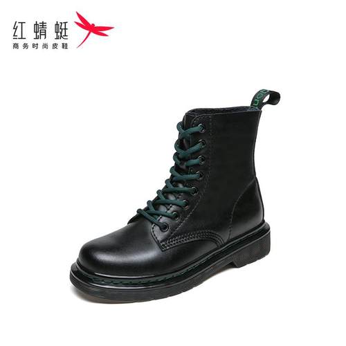 红蜻蜓真皮平底马丁靴