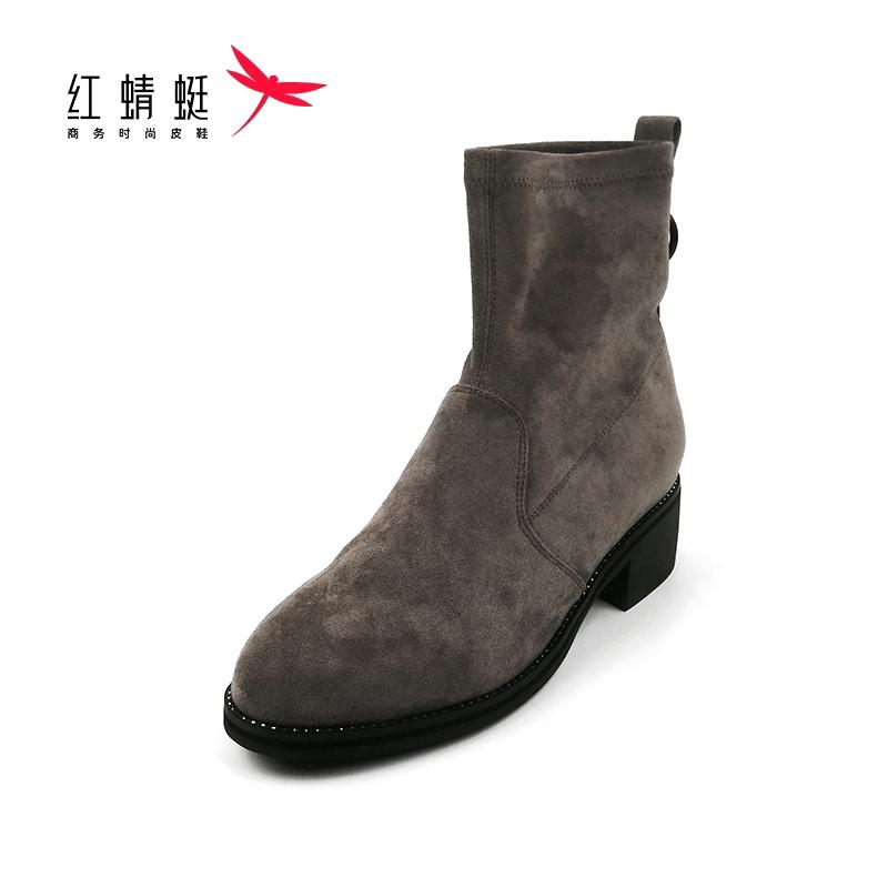 红蜻蜓粗跟弹力布圆头袜靴