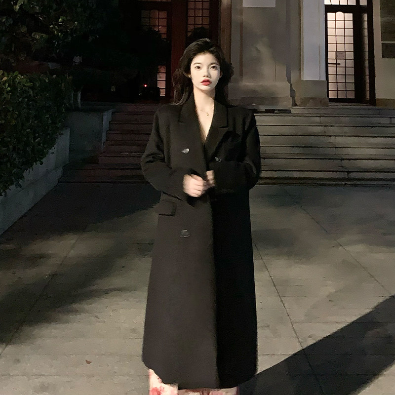 ENNK Studio黑色羊毛大衣秋冬女士保暖外套毛呢外套冬季外套女