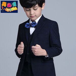 儿童西装花童礼服男童小西服套装英伦蓝色格子春秋季小主持人演出