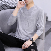 秋衣打底衫 2026新款 T恤纯棉秋装 长袖 V领纯色体白上衣服 潮流男士