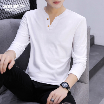 秋季纯棉港风长袖T恤男装扣子款内搭V领宽松打底衫上衣服半恤潮流