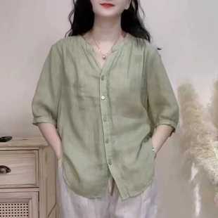 洋气小衫 宽松大码 女五分中袖 上衣夏季 极简风纯色V领斜纹苎麻衬衫