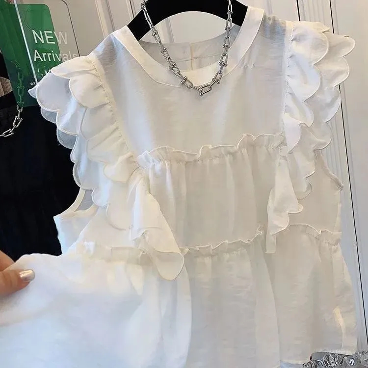 法式荷叶边飞飞袖圆领衬衫女夏季甜美娃娃衫宽松小众别致无袖上衣