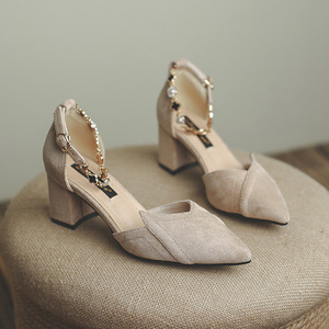 高跟鞋女2023年新款春秋季包头粗跟中跟法式小众设计一字扣带单鞋