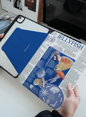 【360旋转x水母】苹果平板蓝色ipad保护套适用华为matepad11pro透明air5/4防摔11.5亚克力带笔槽第十代软壳se