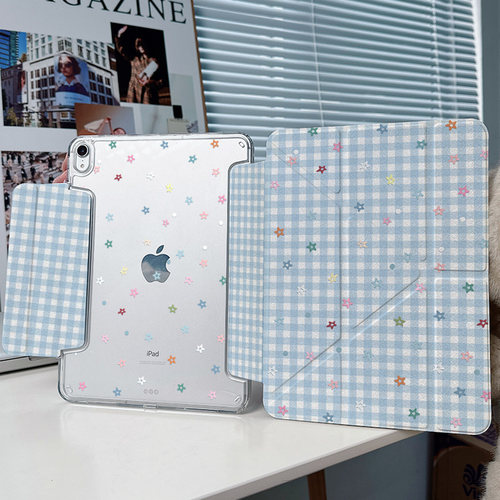 【3+Y折搭扣无笔槽】格子星星ipadair7保护套第11代适用华为matepad11.5s壳vivo4简约蓝oppopad5小米平板8pro