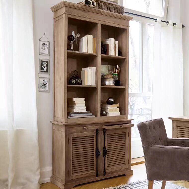 美式北美乡村实木橡木书柜储物收纳柜欧式仿古做旧酒柜架别墅家具