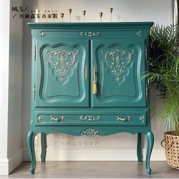 新品美式乡村仿古雕花实木双门餐边柜小户型客厅多功能橡木整装柜