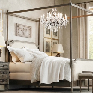 法式实木床橡木复古软包四立柱帷幔架子床柱子床美式欧式床婚床