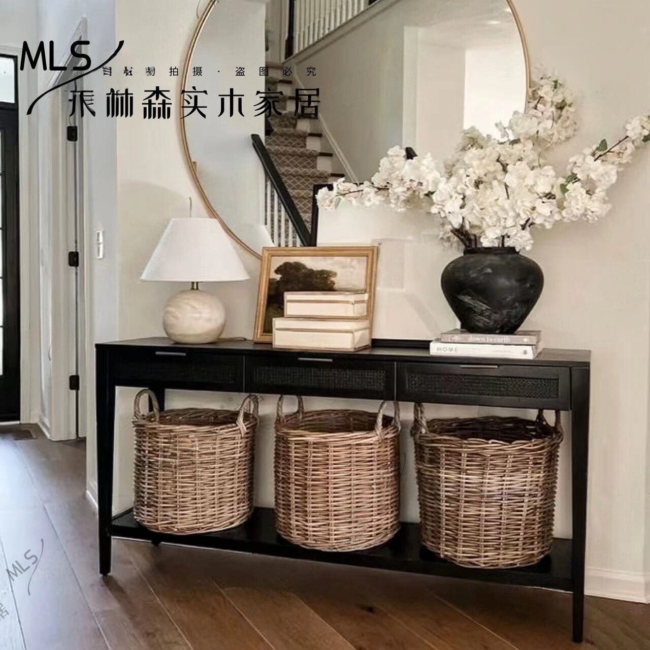 法式复古玄关柜美式轻奢黑色入户客厅装饰展示柜木置物条案墙边柜