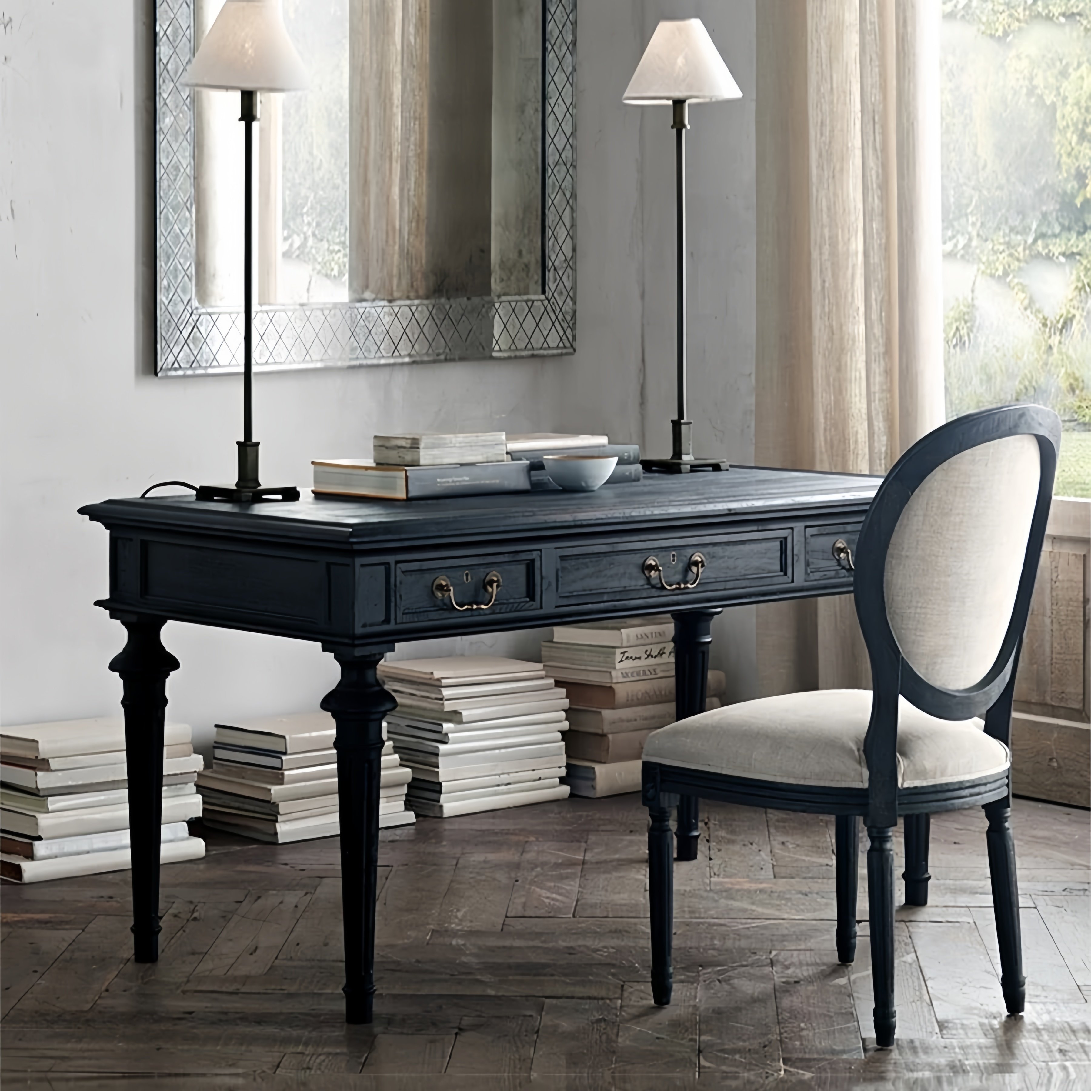 美式乡村橡木法式复古三抽书桌办公桌写字台简约储物可定制