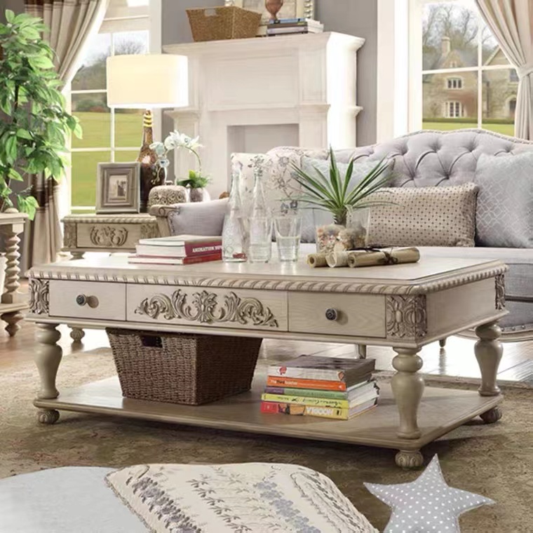 法式橡木雕花仿古设计茶桌法式木质长方形北欧小户型整装茶几定制