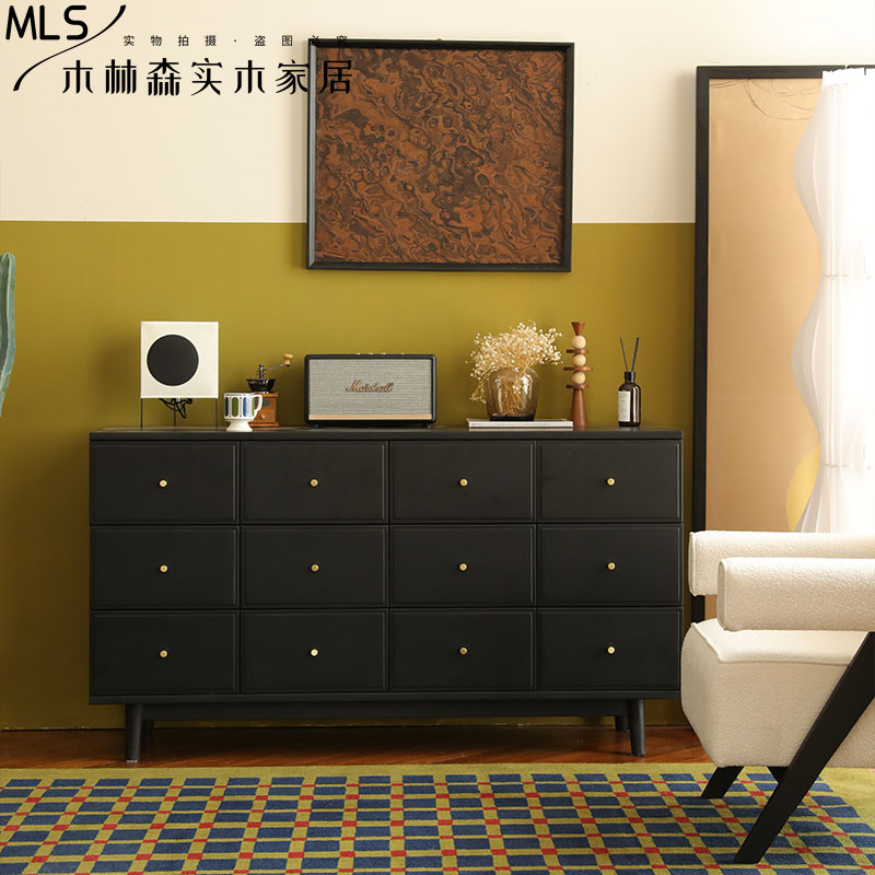 现代法式复古12斗柜中古收纳储物柜高级黑玄关柜实木简约边柜定制