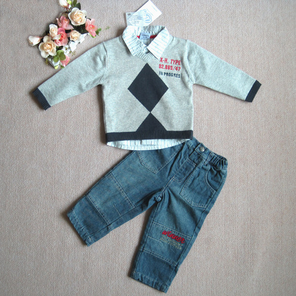 欧美英伦纯棉长袖衬衫针织毛衣双层牛仔裤春秋冬小童男童三件套装