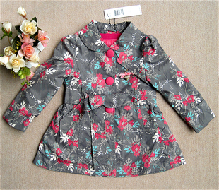 外贸欧美双层聚酯绚丽花色中长款裙式修身腰带女童风衣 外套