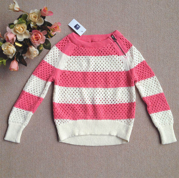 欧美风格纯棉镂空勾花套头侧拉链女童针织衫 中大童线衣 毛衣