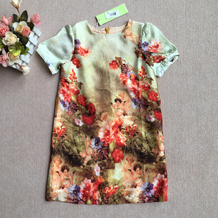 欧美风格双层真丝纯棉油画图案修身短袖女童连衣裙