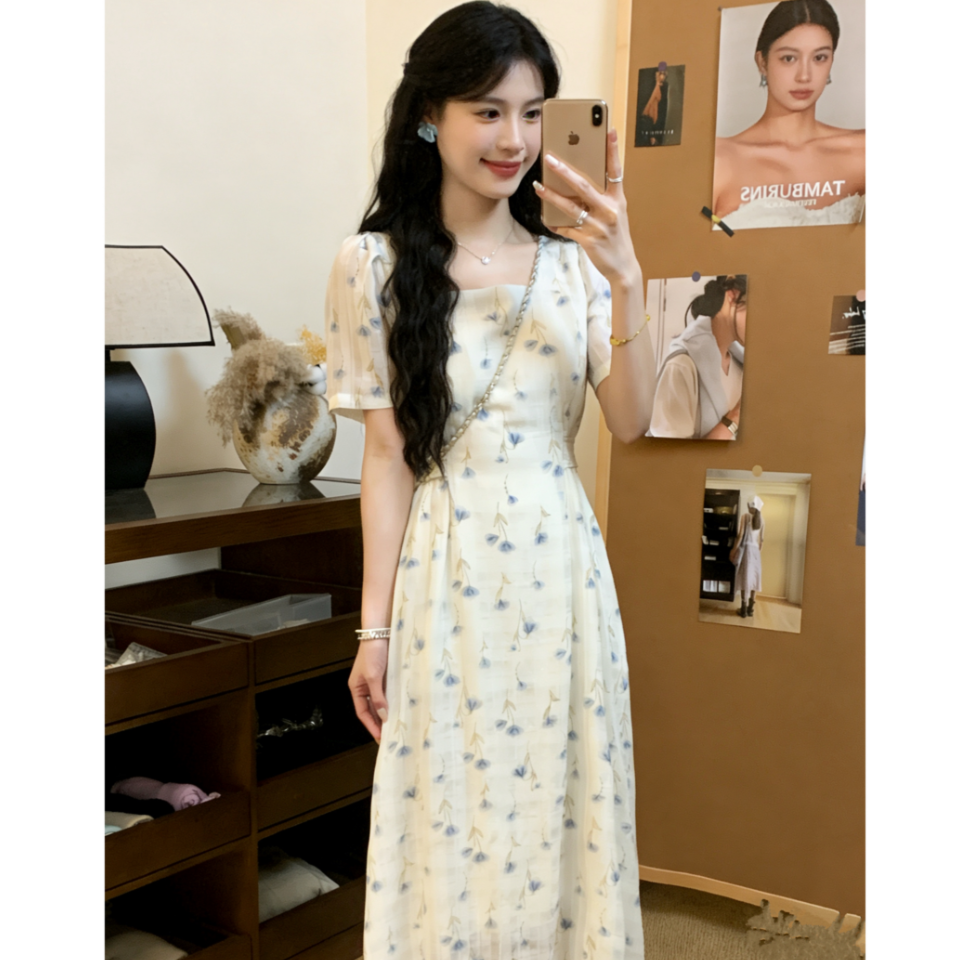 （80-180斤）法式方领碎花连衣裙夏季新品休闲百搭茶歇长裙2120