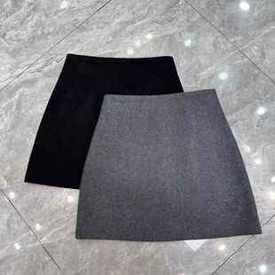 半身裙女2024秋冬季新款羊毛呢混纺高腰显瘦简约灰黑色A字短裙子