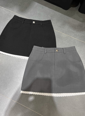 蕾丝拼接西装半身裙女2025夏季新款灰色防走光高腰小个子a字短裙