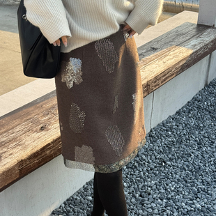 法式半身裙女秋冬高级感重工钉珠亮片A字高腰百搭气质通勤中长裙