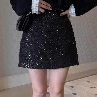短裙a字小香风亮片半身裙羊毛呢