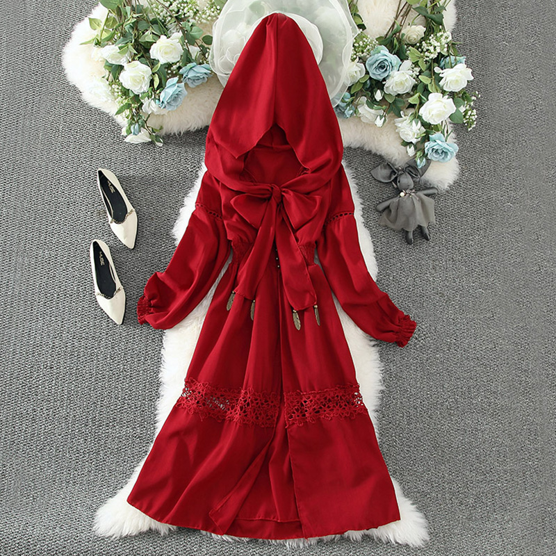 Ethnic tourism Qinghai Lake Desert photo taking clothes vacation split length skirt retro collar Hooded Dress