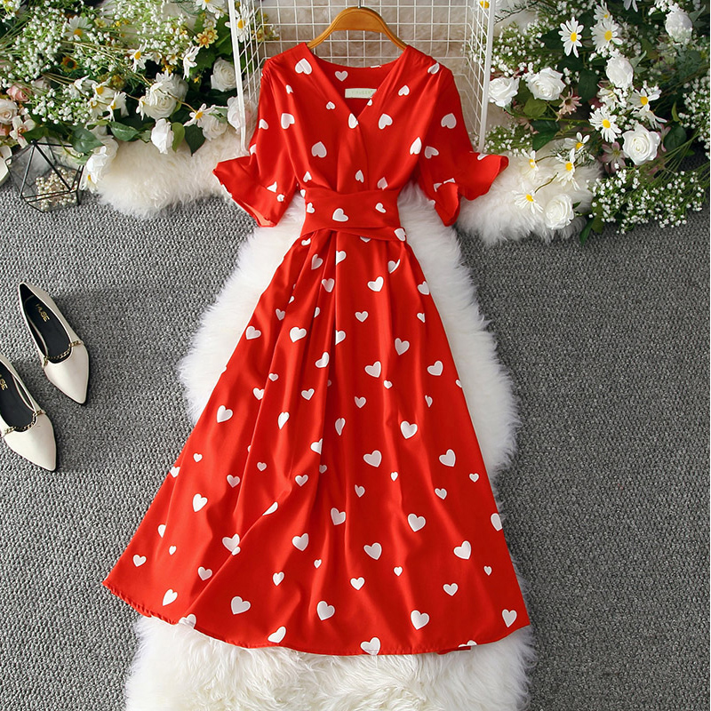 Summer women French minority love pattern collar short sleeve waist goddess temperament over knee long dress