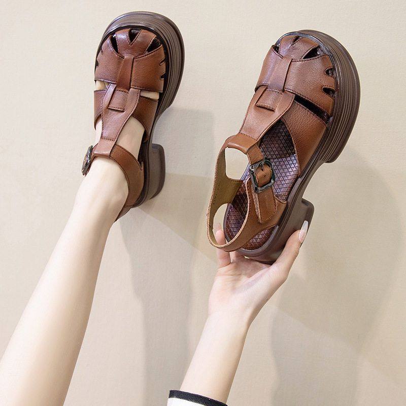 真皮罗马凉鞋女新款春夏松糕厚底女鞋粗跟包头复古牛皮猪笼鞋棕色,女鞋,罗马凉鞋,淘宝优惠券,粉丝福利购,淘宝优惠卷