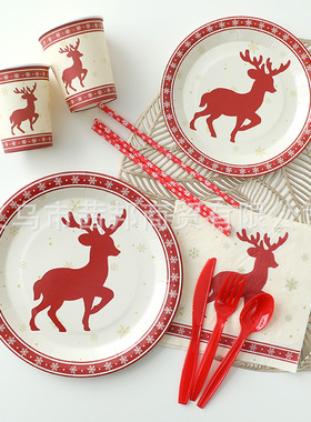 圣诞节餐具Merry Christmas红麋鹿纸盘纸杯桌布节日装饰派对布置