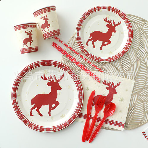 圣诞节餐具红麋鹿纸盘纸杯