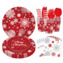 红色圣诞雪花餐具节日派对聚会装 饰布置一次性纸盘纸杯纸巾套装