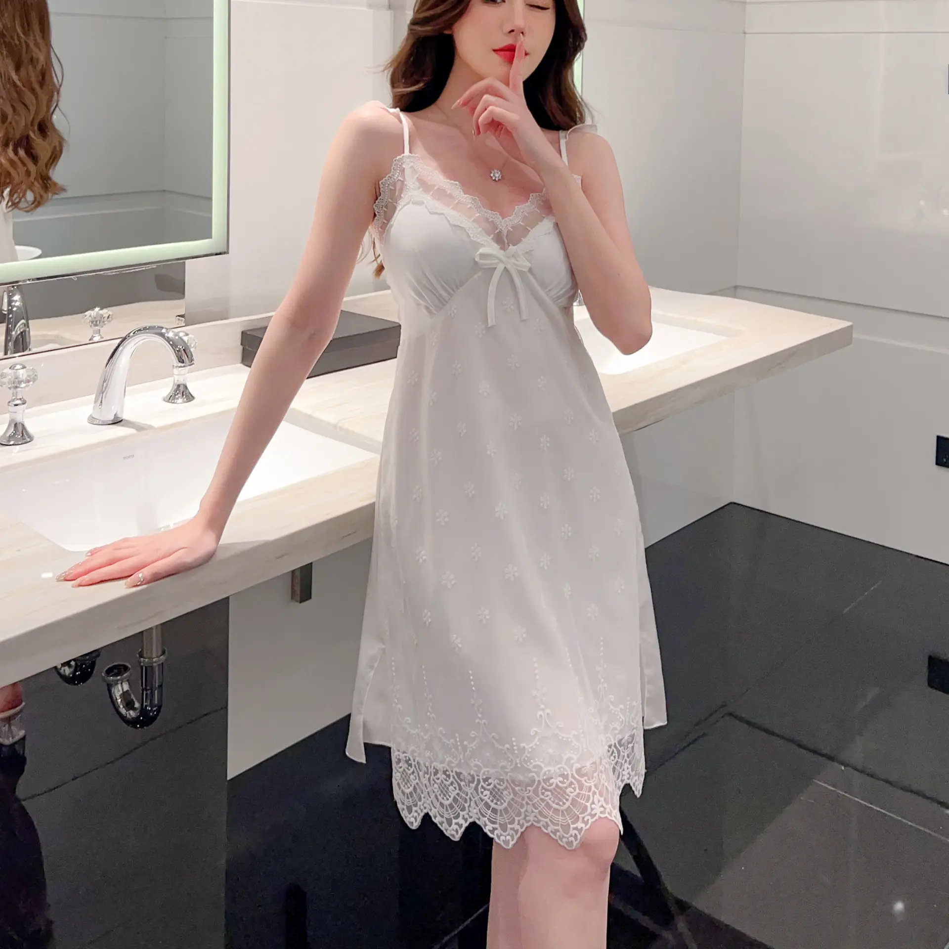 女夏冰丝浴袍吊带睡衣两件套装性感蕾丝带胸垫睡裙纯欲家居服睡袍