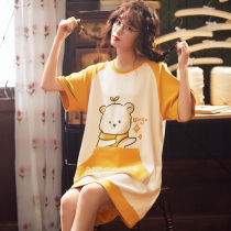 South Korean nightdress women's summer cotton short sleeve sweet pajamas summer thin women's spring and autumn winter lovely cartoon home clothes