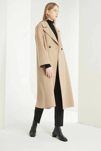 秋冬新品出口韩国品牌女装休闲腰带长款手缝双面羊毛羊绒大衣外套