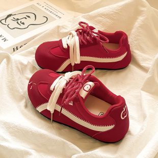女2025新款 保暖加绒板鞋 爆款 二棉鞋 冬季 糖小糖厚底红色复古德训鞋