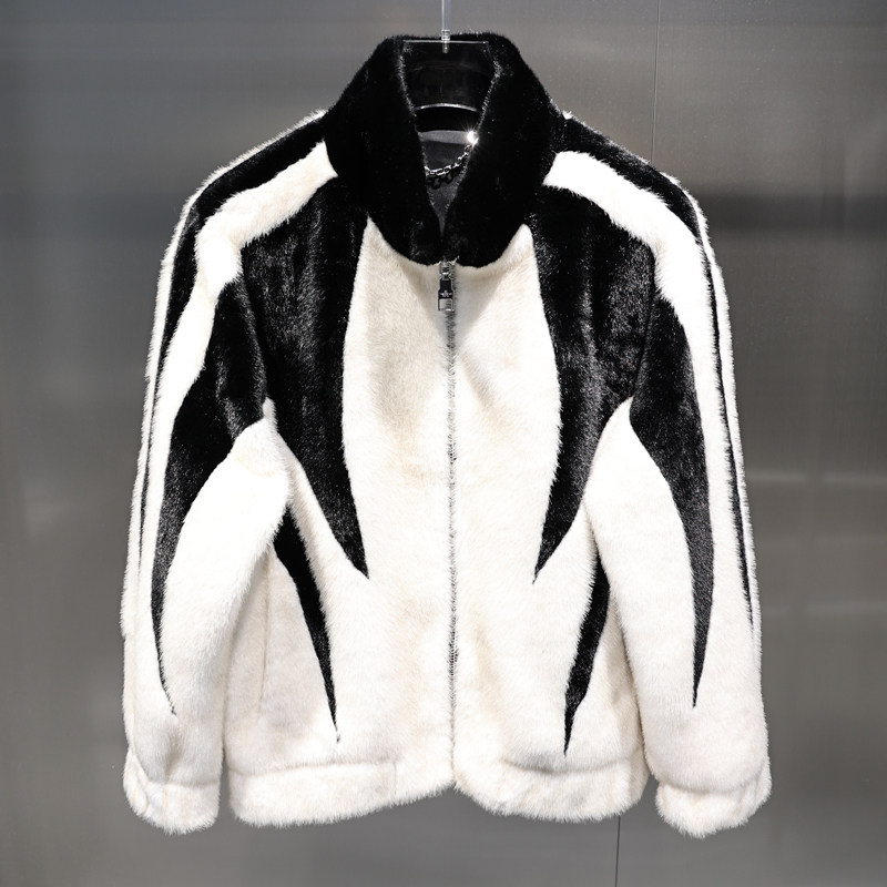 2024 겨울 유럽 두꺼운 따뜻한 골드 밍크 벨벳 흑백 컬러 매칭 라인 스탠드 칼라  가죽 스플 라이스 모피 자켓 유행