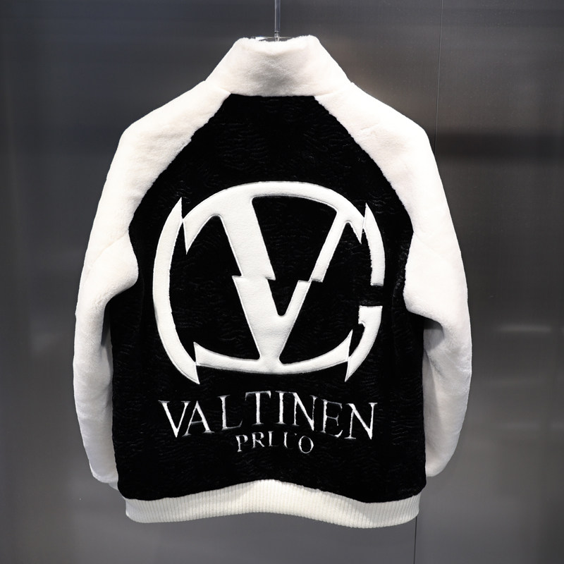 2024 겨울 유럽 두꺼운 따뜻한 흑백 컬러 블록 편지 수 놓은 스탠드 칼라 슬림 패션 모피 자켓 라이트 럭셔리