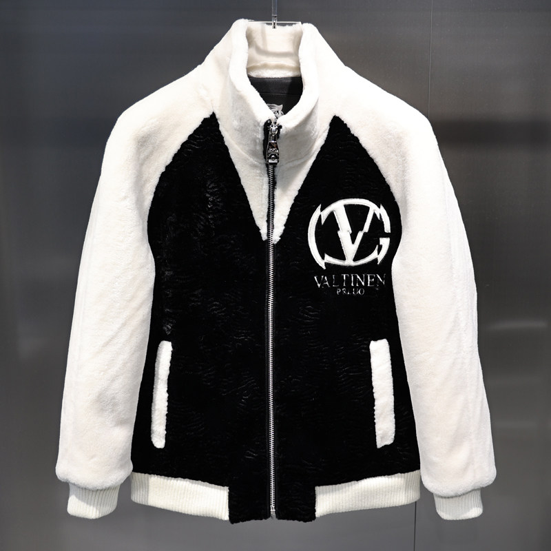 2024 겨울 유럽 두꺼운 따뜻한 흑백 컬러 블록 편지 수 놓은 스탠드 칼라 슬림 패션 모피 자켓 라이트 럭셔리