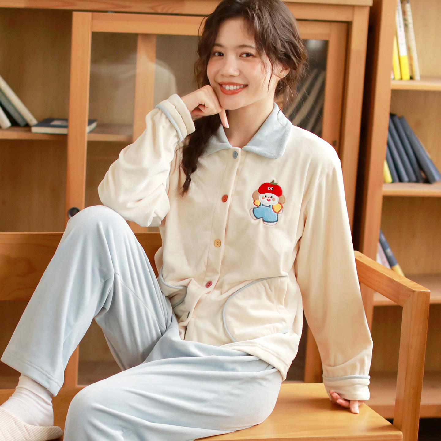 富朵海岛绒月子服女士秋冬季加绒加厚1112月份孕妇睡衣家居服套装